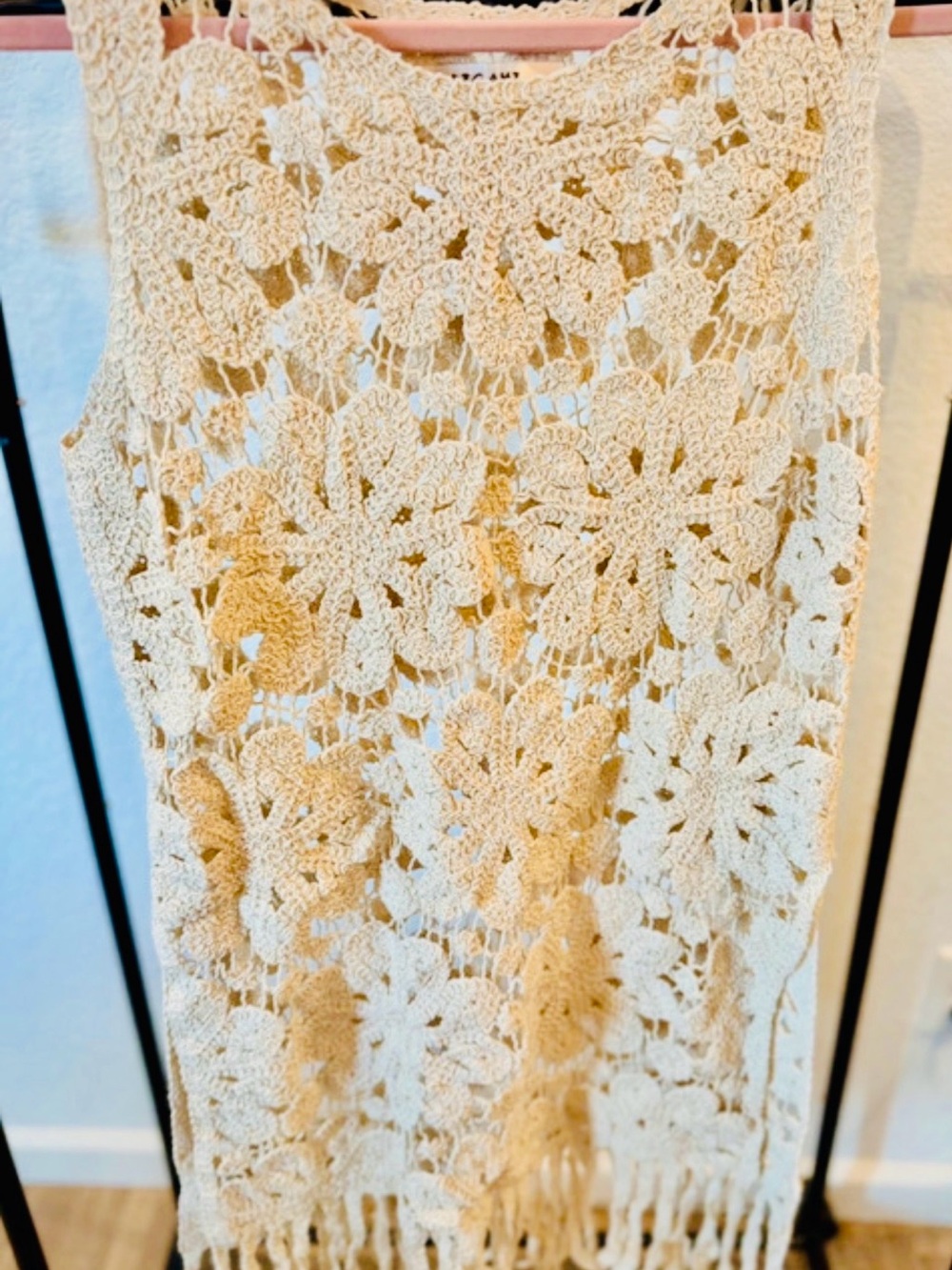 Origami Crochet Floral Fringe Tank Dress - Cream NWOT
